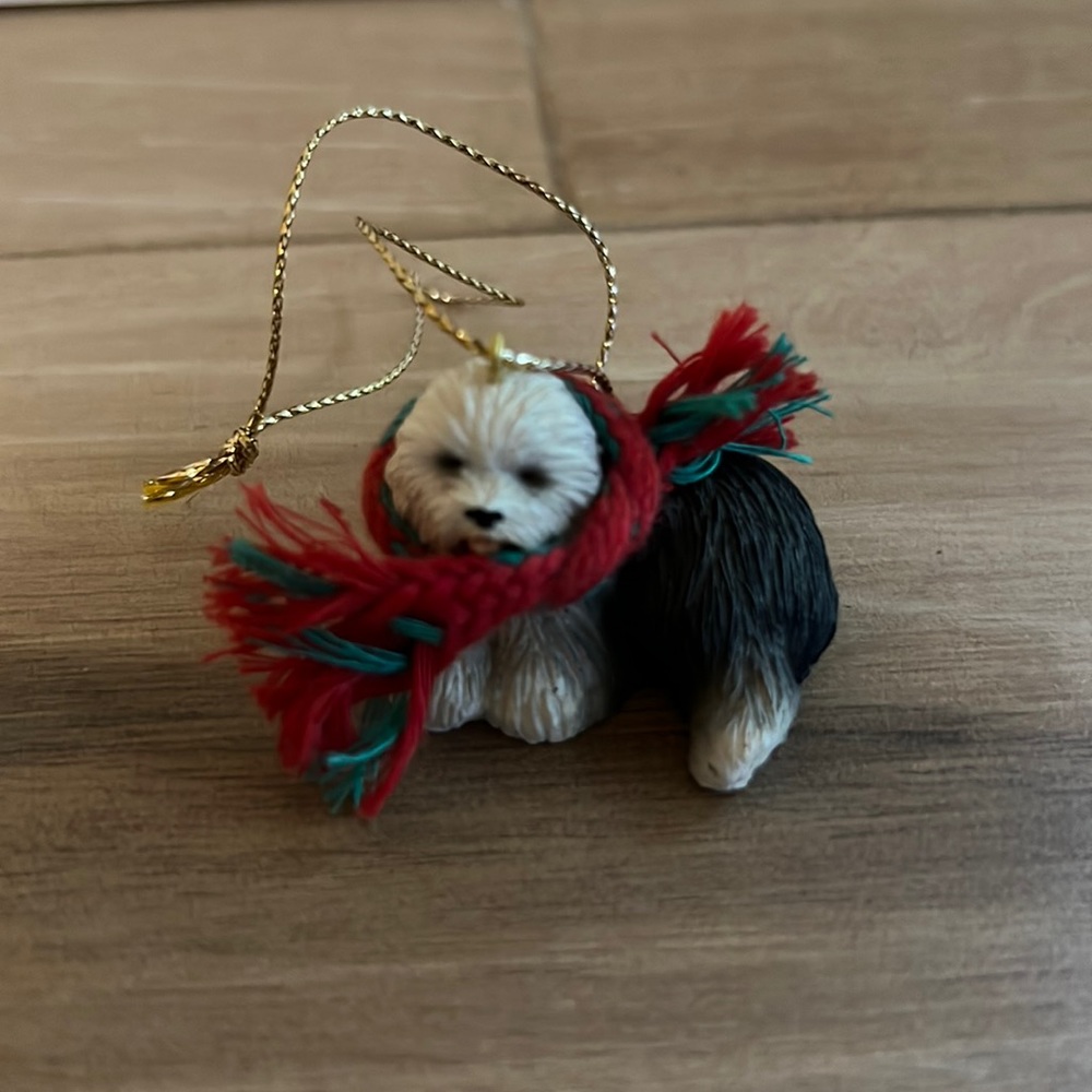 Old English Sheepdog Miniature Christmas Ornament Made of Resin with Yarn Scarf